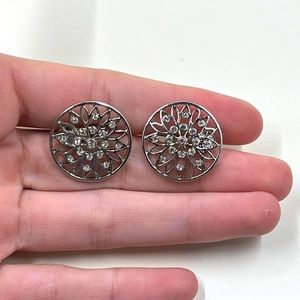 Monet Stamped Silver Geometric Design Clip on Earrings